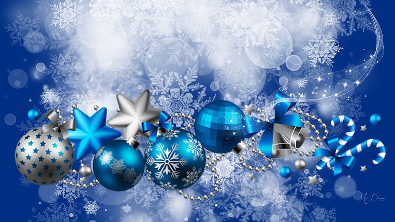 Holiday in Blue, stars, Christmas, candy canes, feliz navidad, holiday, new years, tinsel, decorations, snow flakes, Firefox Persona theme, blue, HD wallpaper