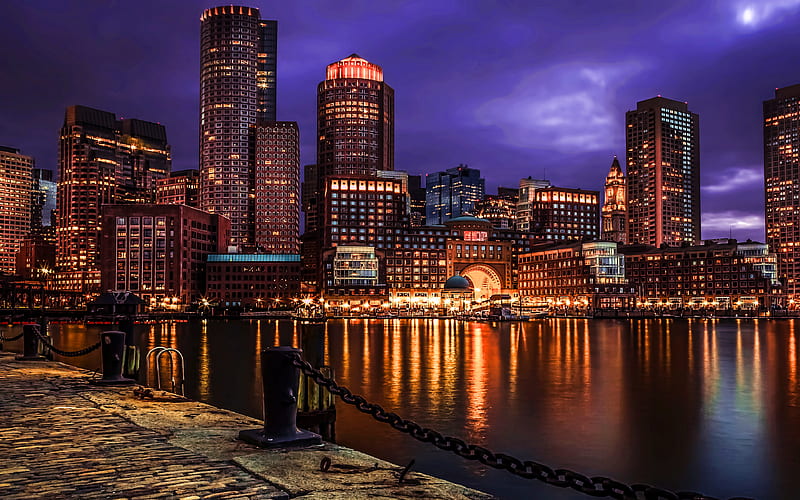 Boston at night, promenade, R, Massachusetts, USA, America, City of Boston, Cities of Massachusetts, american cities, Boston, HD wallpaper