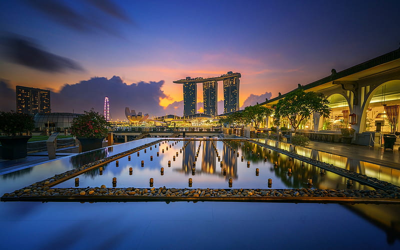 Singapore, Marina Bay Sands, evening, sunset, cityscape, luxury hotel, Singapore panorama, Asia, HD wallpaper
