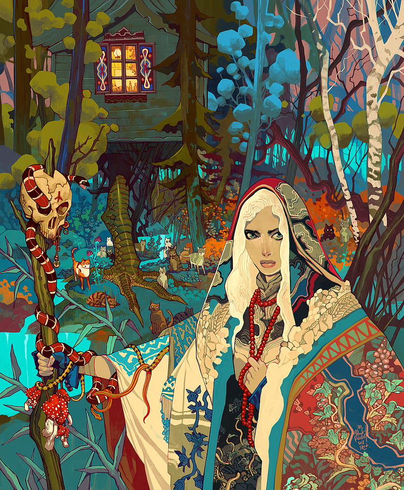colorful, witch, skull, forest, cats, cabin, staff, women, snake, fantasy art, Jakub Rebelka, HD phone wallpaper