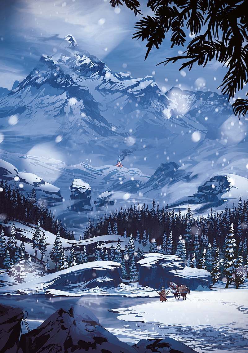 snow, mountains, fantasy art, winter, trees, snowing, snowy mountain, blue, snowy peak, artwork, vertical, frozen lake, horse, HD phone wallpaper