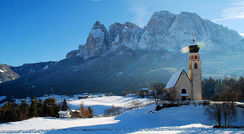 South Tyrol, Italy, snow, chapel, sunshine, sky, winter, landscape, HD wallpaper