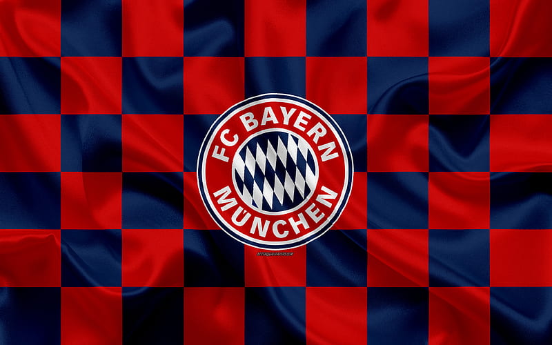 FC Bayern Munich logo, creative art, red blue checkered flag, German football club, Bundesliga, emblem, silk texture, Munich, Germany, football, HD wallpaper