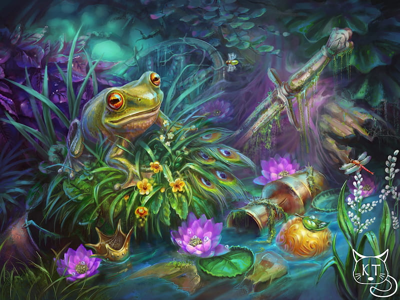 Pond, flower, pink, world, lotus, broasca, luminos, ekaterina taranenko, frog, water, fantasy, green, HD wallpaper