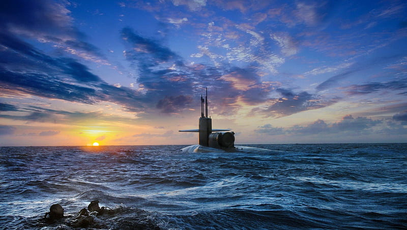navy seals heading to a submarine, submarine, sunset, navy seals, sea, HD wallpaper