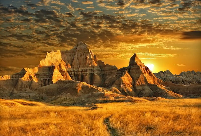 Sunrise, Badlands National Park, morning glory, mountains, bonito, sunrise, South Dakota, clouds, sky, field, HD wallpaper