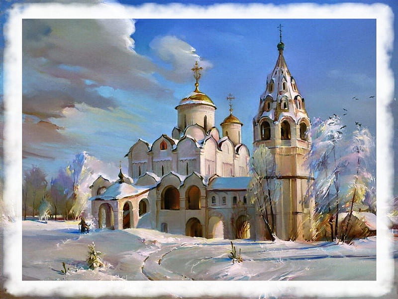 Russian Church 2, art, cityscape, church, artwork, winter, russia, snow, painting, scenery, HD wallpaper