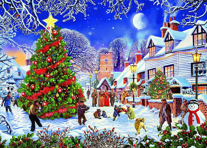 The village tree, art, christmas, holiday, decoration, fun, joy, winter, tree, moon, snow, ice, village, frost, HD wallpaper
