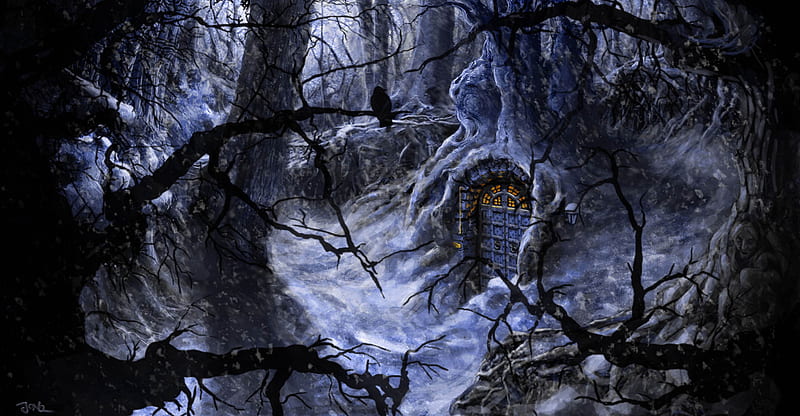 Little Door In The Forest, snow, beware, crow, trees, winter, door, HD wallpaper