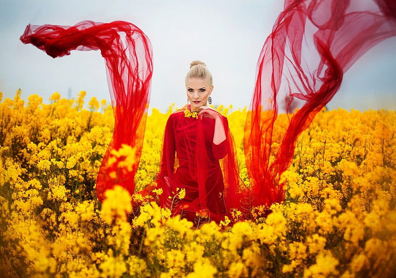 Breeze, red dress, wind, sky, clouds, women, jewelry, yellow flowers, field, HD wallpaper