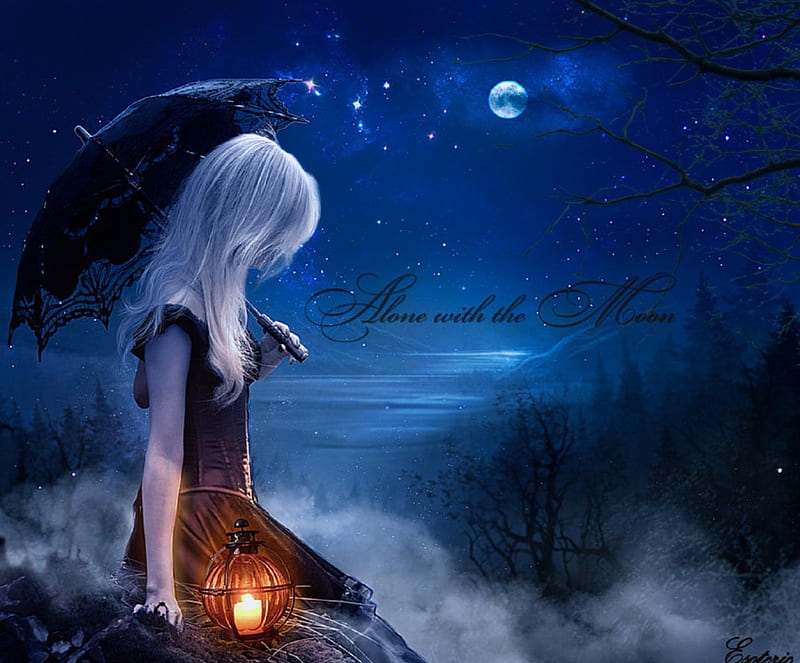Alone with the Moon , candle, art, lantern, umbrella, bonito, woman, fantasy, moon, girl, blue, HD wallpaper