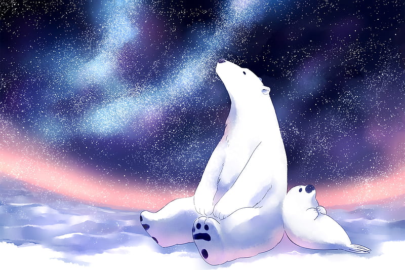  Oso polar amor bajo las estrellas, estrellas, amor, osos polares, anime, invierno, Fondo de pantalla HD