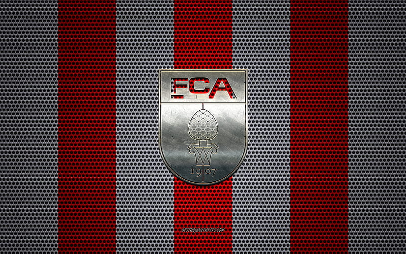 FC Augsburg logo, English football club, metal emblem, red and white metal mesh background, FC Augsburg, Bundesliga, Augsburg, Germany, football, HD wallpaper