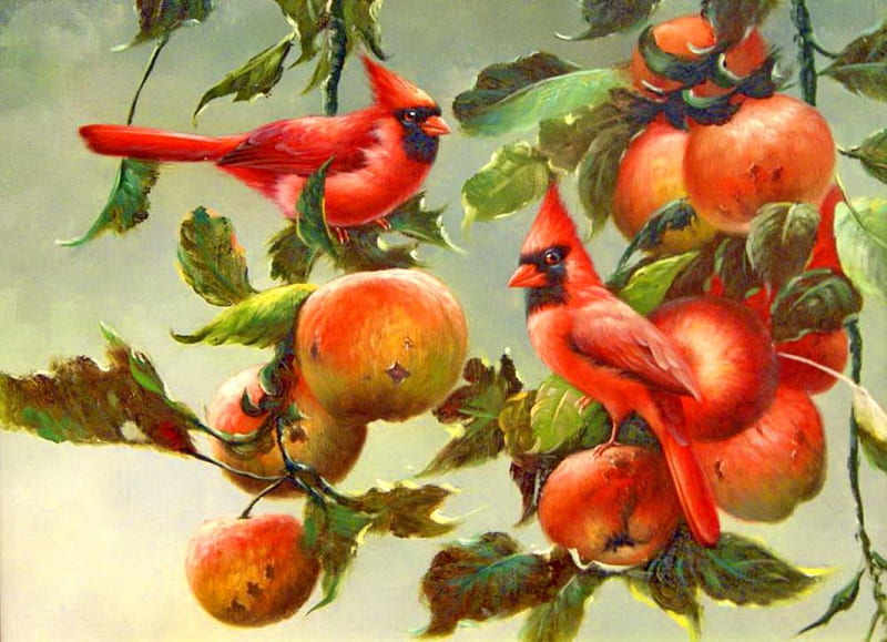 Birds, art, fruits, bonito, cardinals, tree, leaves, painting, summer, branches, HD wallpaper