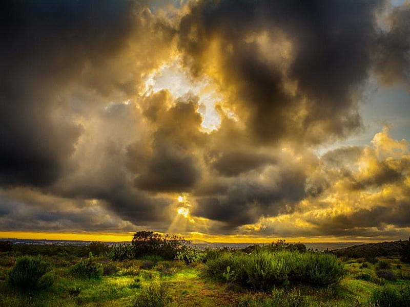 After the storm, sun, country, storm, clouds, HD wallpaper