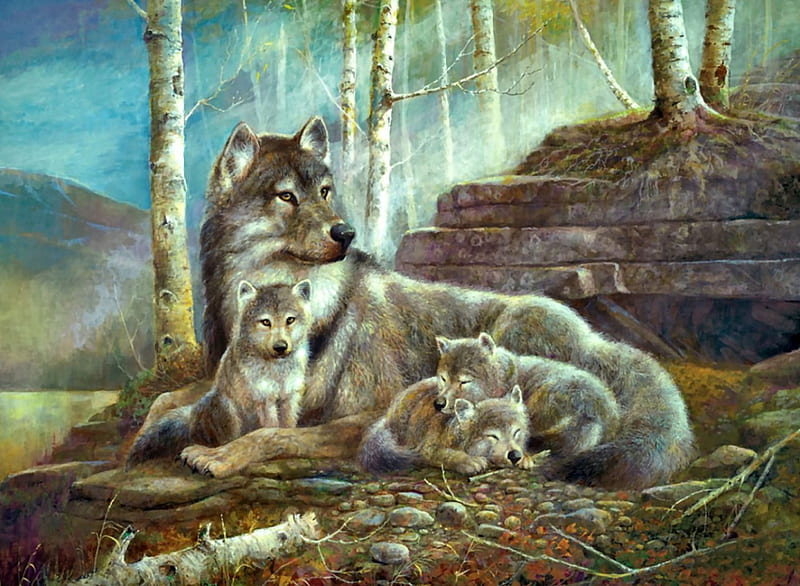Wolf Mom with Pups F1C, lobo, art, artwork, canine, animal, painting, wide screen, wildlife, wolf, pups, HD wallpaper