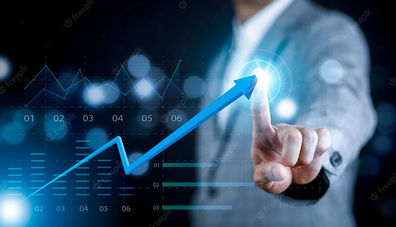 Premium . Businessman hand touching arrow virtual screen business graph on the black background sales data analysis modern technology business people choose with finger analytical diagram with big data, HD wallpaper