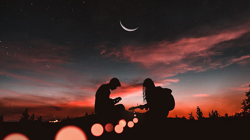 Man and Woman sitting together under red night sky, moon, guitar, romance, flower, lobe, sky, couple, night, HD wallpaper
