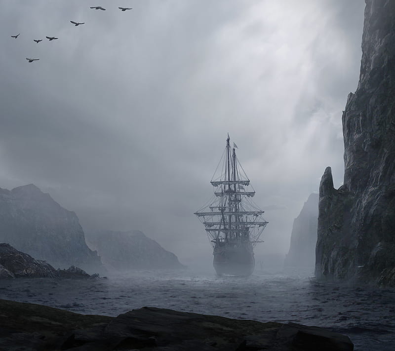 At Sea, boat, fog, ocean, ship, HD wallpaper