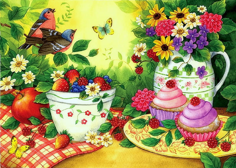 Sweet Cupcake, candy, gardening, fruits, attractions in dreams, bonito, foods, sweet, still life, cupcake, paintings, flowers, lovely flowers, drawings, butterfly designs, animals, lovely, love four seasons, birds, creative pre-made, butterflies, spring, vases, HD wallpaper