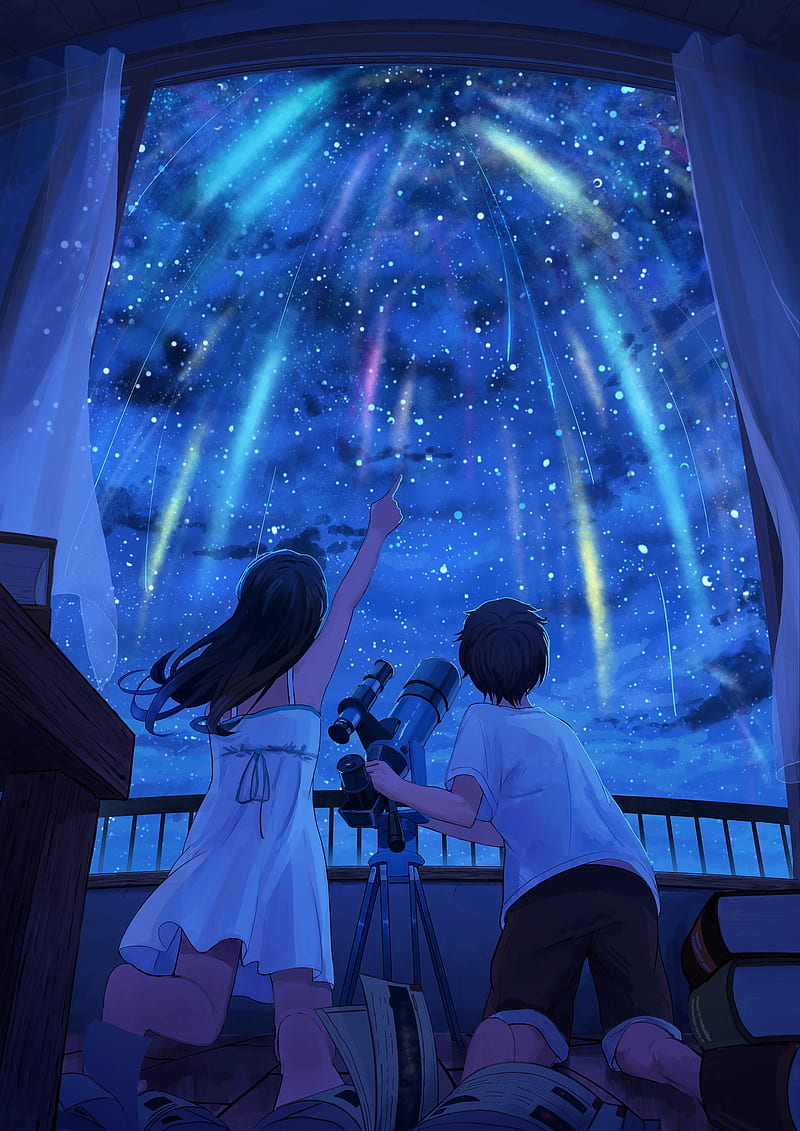 anime, stars, night, telescope, finger pointing, books, lights, window, curtains, shooting stars, balcony, sky, low-angle, HD phone wallpaper