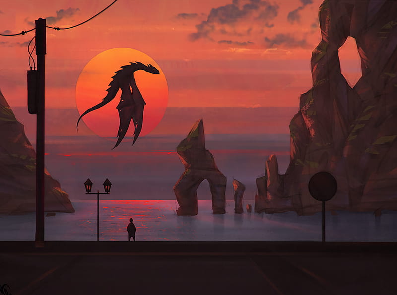 dragon, sun, sunset, art, fantasy, HD wallpaper
