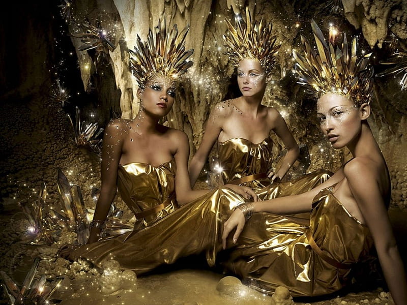 Fashion in Gold, gold, dress, head, glitter, three, HD wallpaper