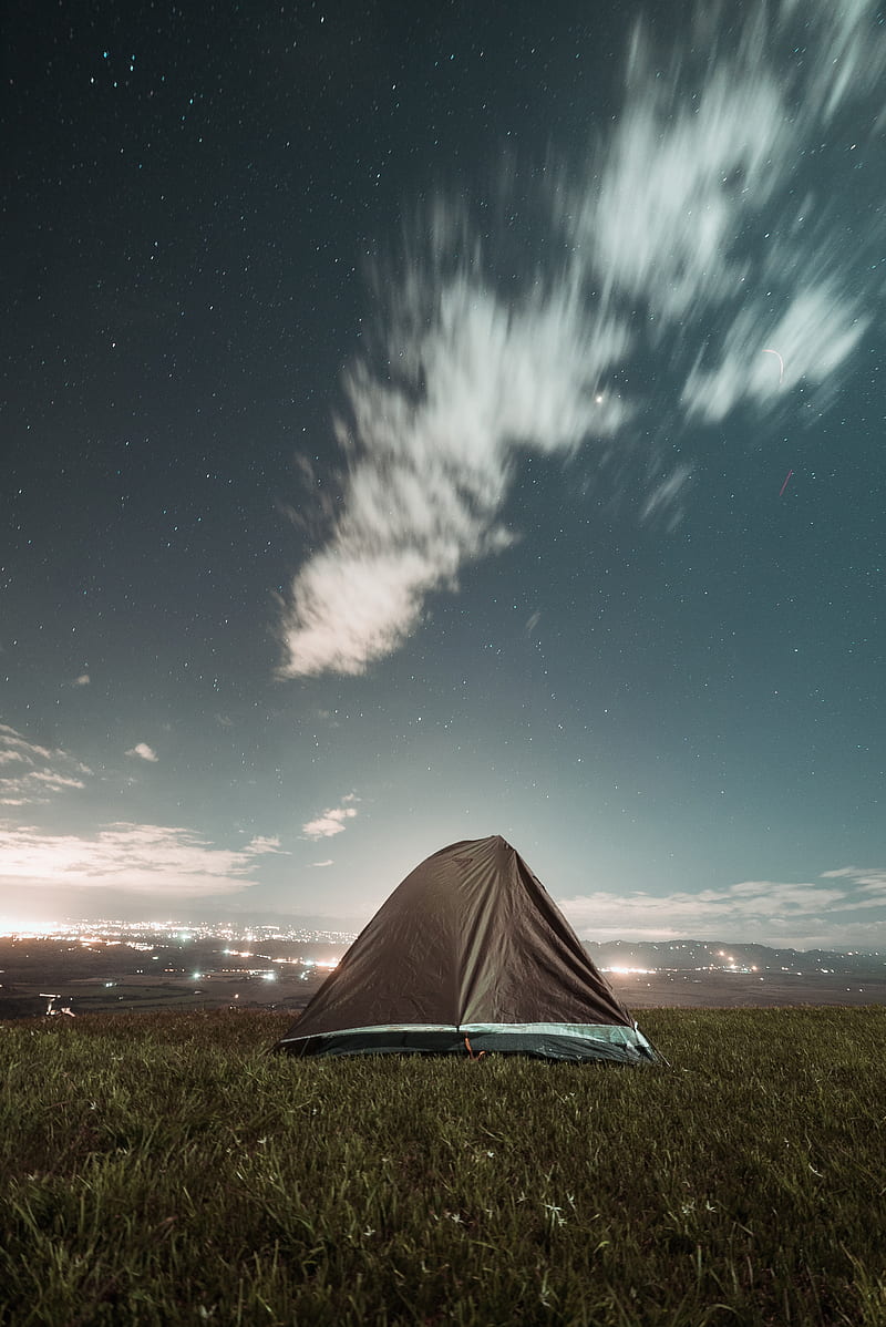 tent, camping, nature, night, city, view, HD phone wallpaper