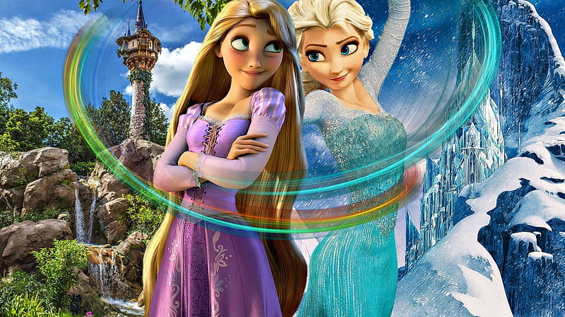 Rapunzel and Elsa, poster, rapunzel, movie, elsa, blonde, fantasy, girl, snow queen, tangles, frozen, princess, pink, couple, disney, blue, HD wallpaper