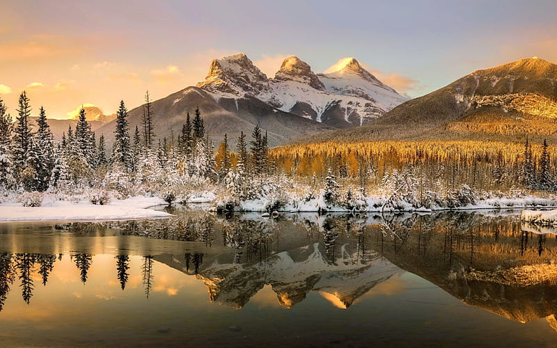 The Three Sisters in Autumn, Canmore, Alberta, snow, trees, water, canada, sunset, lake, reflections, HD wallpaper