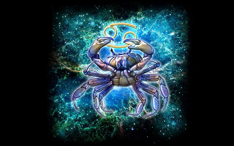 Zodiac ~ Cancer, cancer, ciro marchetti, luminos, black, zodiac, crab, water, fantasy, blue, HD wallpaper