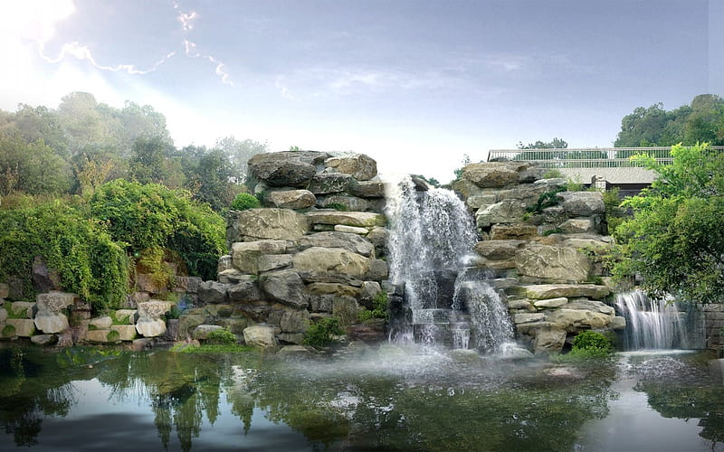 landscape japan, pond, rocks, waterfall, lookout, HD wallpaper