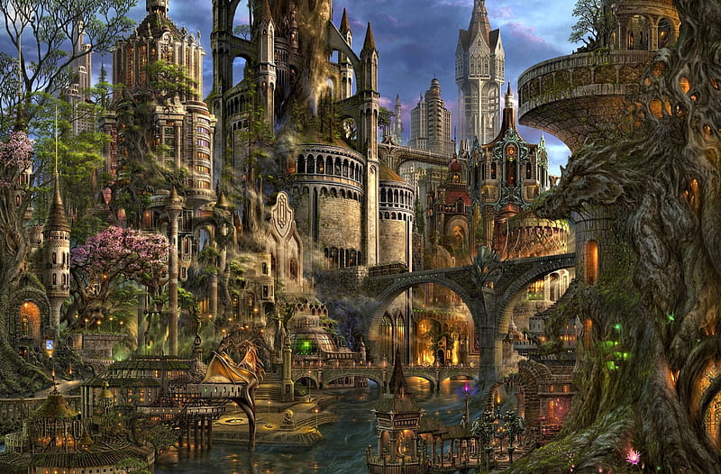 Medieval City, Art, Fantasy, City, Medieval, HD wallpaper
