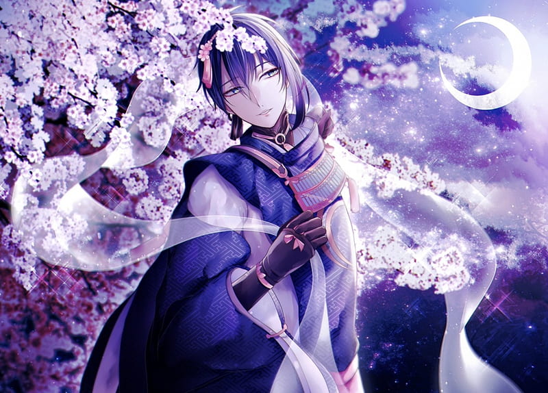 Cherry Blossom Night, art, male, bonito, soft, man, sky, kimono, cherry blossom, moon, anime, flowers, night, purpel, HD wallpaper