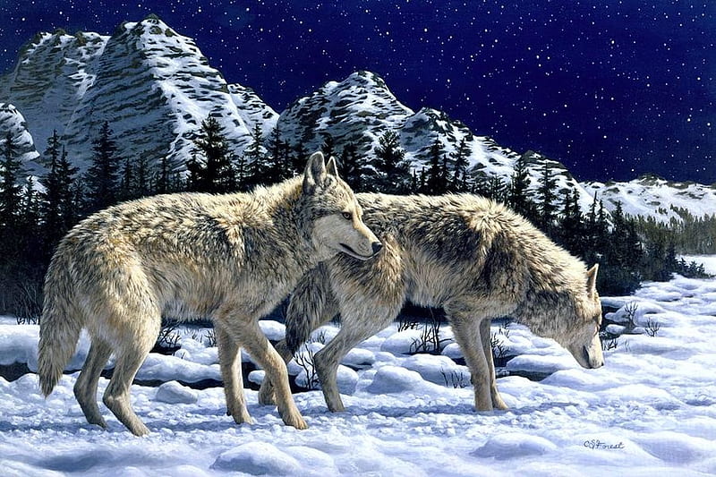 Unfamiliar Territory, trees, artwork, winter, snow, mountains, wolfpack, painting, wolf, wolves, HD wallpaper