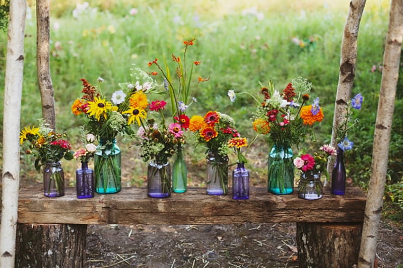 Spring is here!, table, spring, seasons, vases, flower arrangements, flowers, garden, nature, outdoor, wood, HD wallpaper