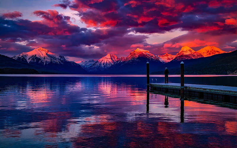 Lake Mcdonald, pier, sunset, american landmarks, Montana, USA, America, HD wallpaper
