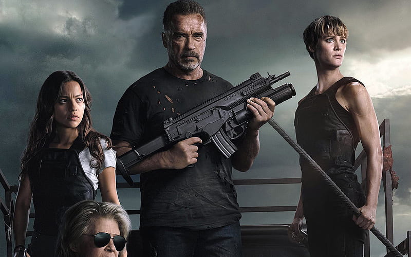 Terminator Dark Fate, 2019 promotional materials, poster, main characters, Arnold Schwarzenegger, Mackenzie Davis, Natalia Reyes, Terminator, HD wallpaper