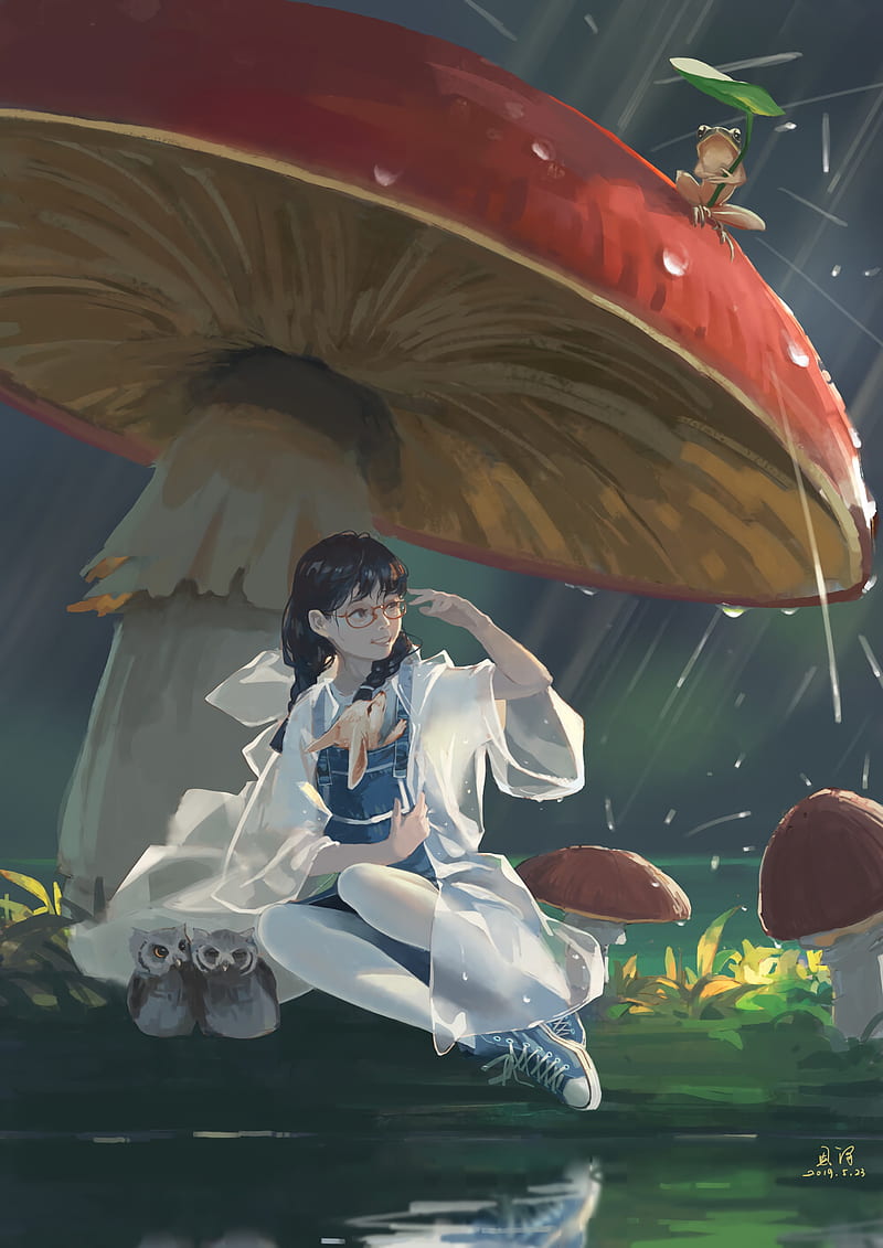 girl, rain, art, mushrooms, animals, HD phone wallpaper