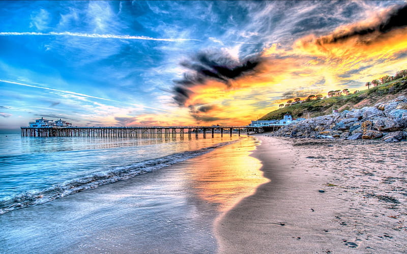 Sunset on Malibu Pier ~ R, R, beach, Malibu, Sunset, HD wallpaper