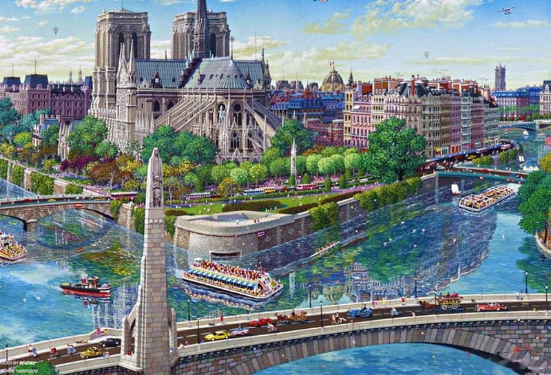 Cathedral Notre Dame, Paris, bridge, buildings, seine, river, church, artwork, HD wallpaper