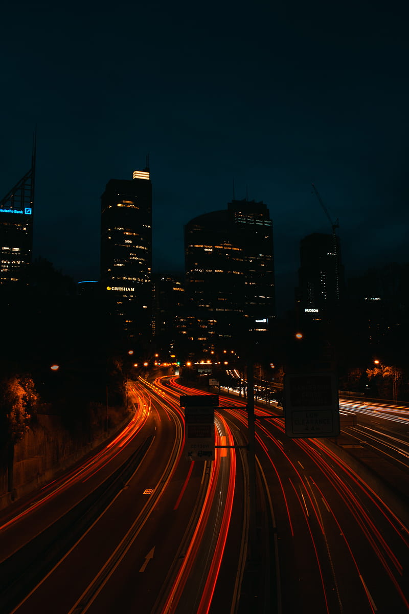 road, night city, long exposure, traffic, HD phone wallpaper