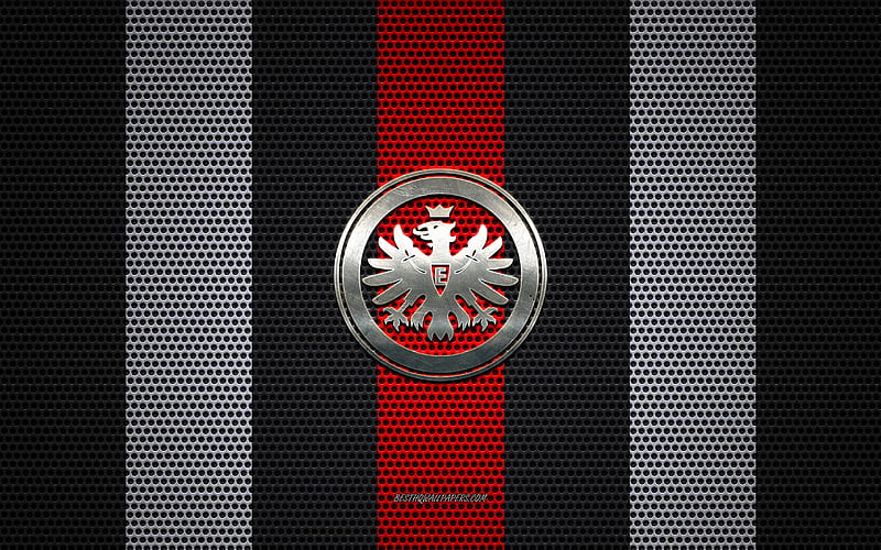 Eintracht Frankfurt logo, English football club, metal emblem, black and white metal mesh background, Eintracht Frankfurt, Bundesliga, Frankfurt, Germany, football, HD wallpaper