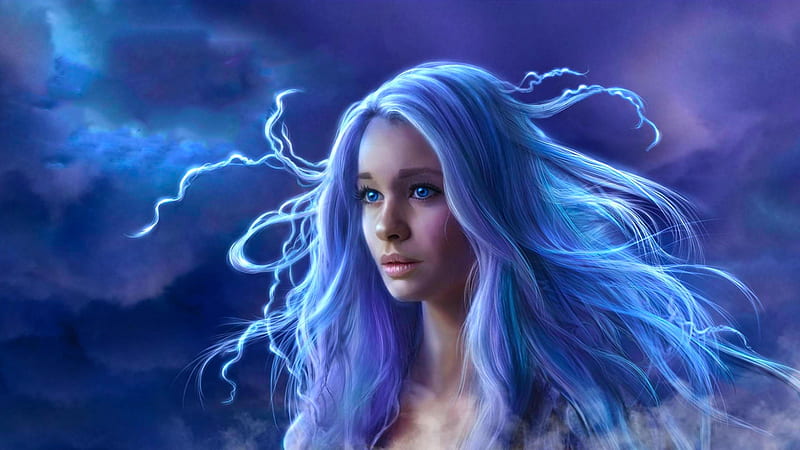 Lightning girl, blue, fantasy, frumusete, luminos, girl, lightning, face,  HD wallpaper | Peakpx