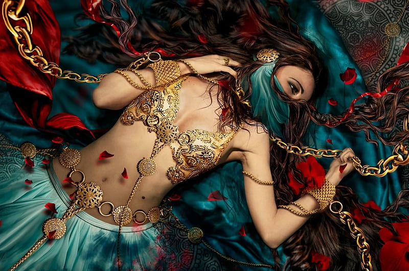 Chains, art, belly dancer, girl, chained, bonito, mask, HD wallpaper