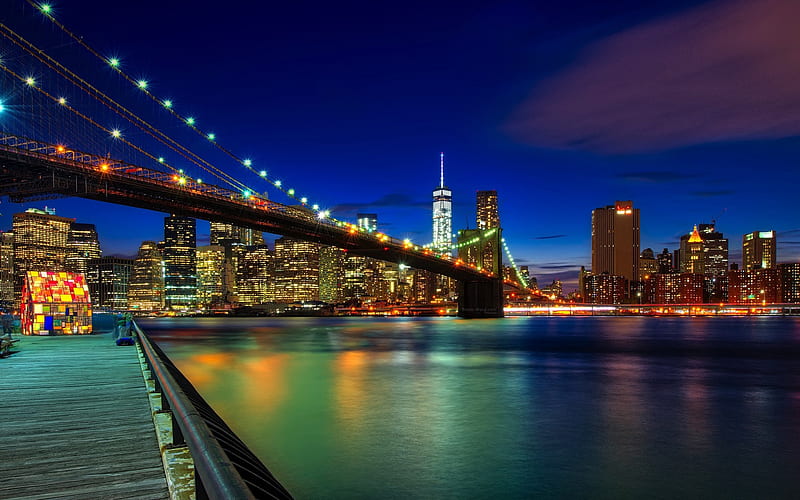 Brooklyn Bridge, Manhattan, embankment, american cities, nightscapes, NYC, New York at night, skyscrapers, New York, USA, Cities of New York, America, HD wallpaper