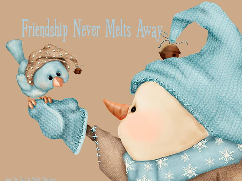 FRIENDSHIP SNOWMAN, snowman, bird, blue, friendship, HD wallpaper