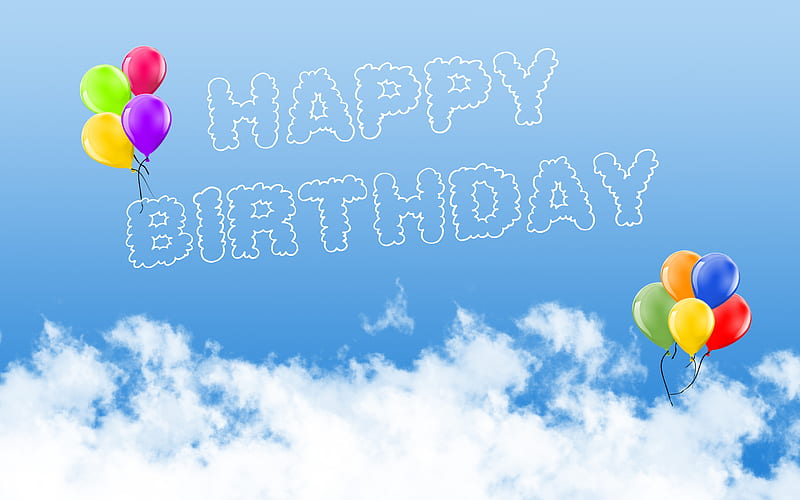 Happy birtay, blue sky, clouds, colored balloons, birtay greeting card, white clouds, HD wallpaper