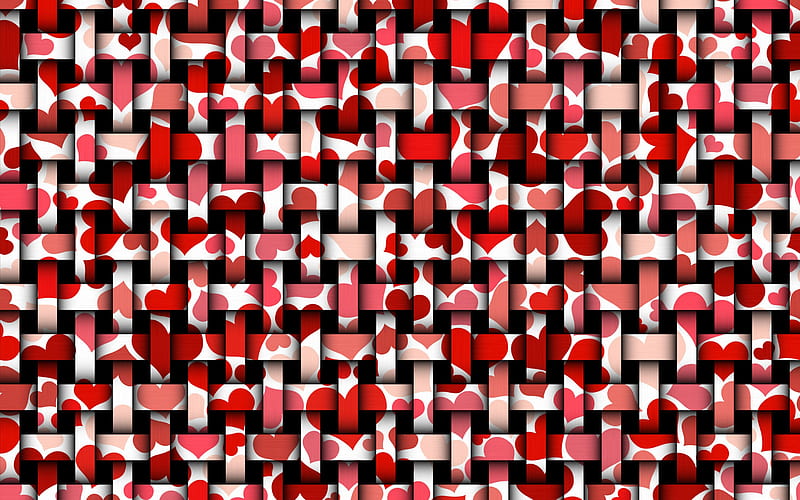 red love texture, wicker texture, love concepts, wicker texture with hearts, background with red hearts, HD wallpaper