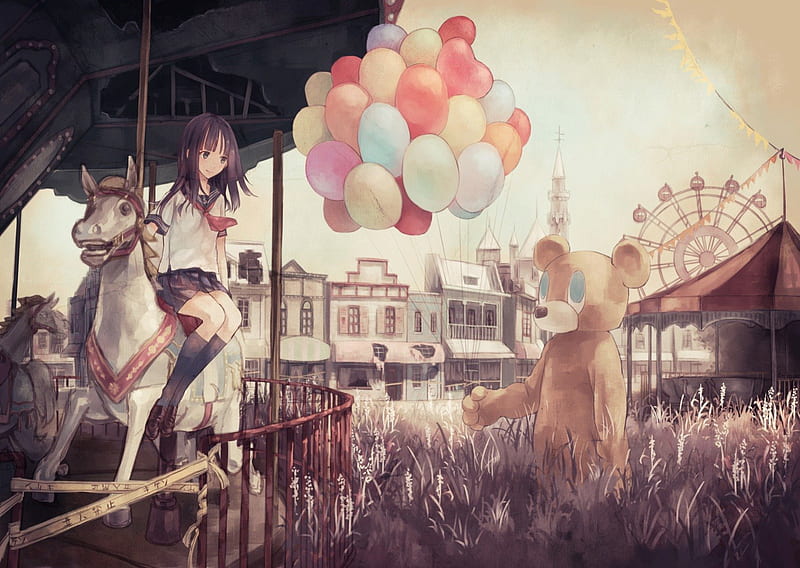 Have A Balloon, colorful, bear, carnival, girl, carousel, anime, merry go round, ballons, mascot, HD wallpaper
